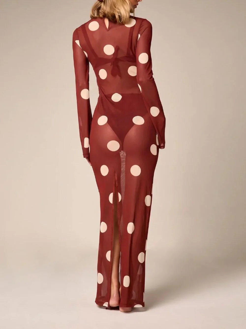Red Elegant Women's Sheer Mesh Polka Dot Maxi Dress